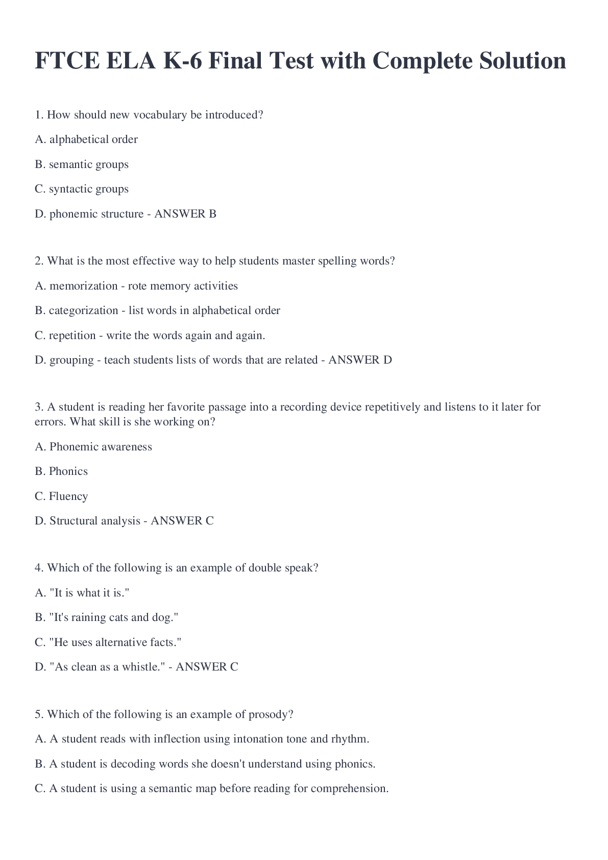 Preview image for FTCE ELA K-6 Final Test with Complete Solution